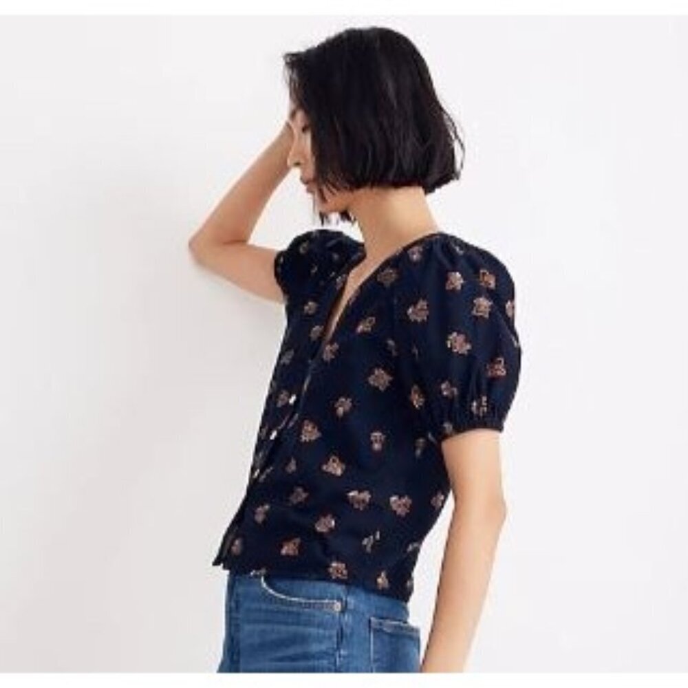 Madewell Navy Floral Short-Sleeve Blouse
